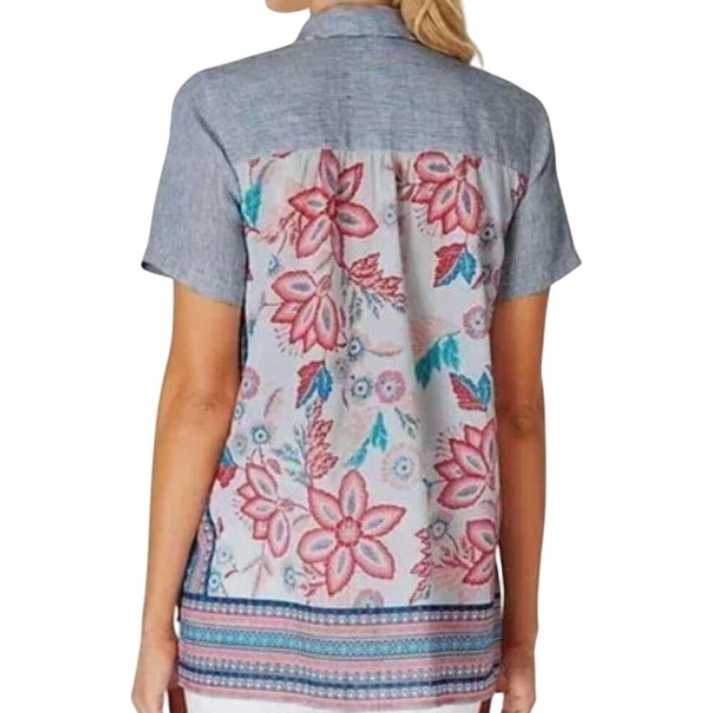 J.Jill Chambray Linen Button Down Striped Floral Short Sleeve Blue Multicolor S